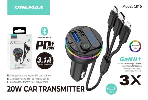 20W Car Fm Transmitter Adapter with Cable 3-in-1 Connector