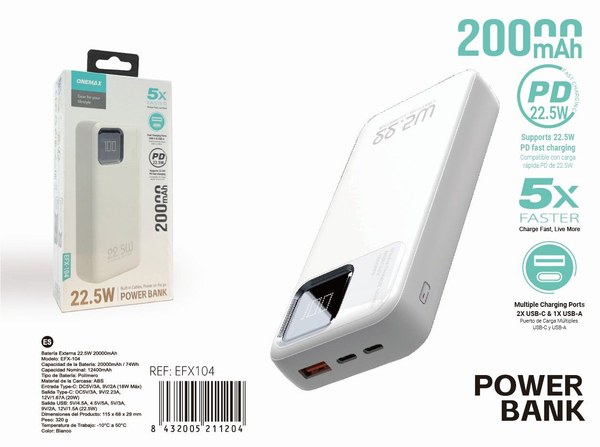 22.5W Power Bank 20000mAh 1x USB-a and 2x Type-C