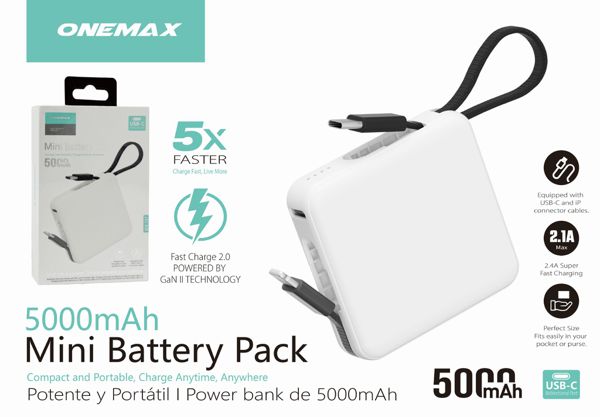 Mini Power Bank 2.1a 5000mAh with Type-C and Lightning Connector