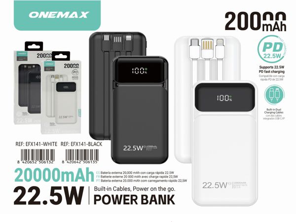 22.5W Power Bank 20000mAh Built-in Cable with Multi-connector